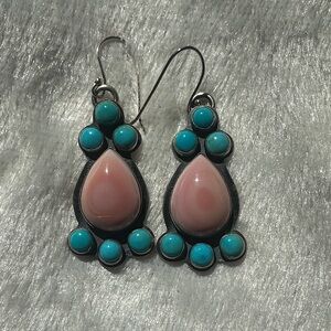 Navajo handcrafted Sterling silver, turquoise and pink conch Dangle Earrings